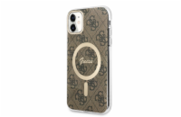 Guess IML 4G MagSafe Zadní Kryt pro iPhone 11 Brown Guess 4G prémiový ochranný kryt telefonu v kombinaci zadní strany potaženou látkou s motivem Guess a pružnými PU boky a vestavěným magnetem pro App