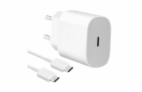 Samsung 25W Cestovní nabíječka + USB-C Kabel Samsung cestovní nabíječka do sítě s USB-C výstupem a  maximálním výkonem 25W + USB-C/USB-C Datový Kabel. PN: EP-TA800EWE, EP-DG980BWE