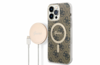 Guess 4G MagSafe Zadní Kryt + Bezdrátová Nabíječka pro iPhone 14 Pro Max Brown Guess sada ochranného krytu + bezdrátové nabíječky s podporou Apple MagSafe