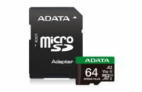 ADATA MicroSDXC karta 64GB Speed Plus, U3, C10, A2, V30 (R:160/W:140 MB/s) + SD adaptér
