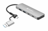 Sandberg USB-C/A na 2× USB-A + 2× USB-C Hub,hliník. rozbočovač s 2× USB-A a 2× USB-C porty, stříbrná