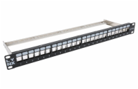 LYNX Patch panel 19", 24 portů, neosazený, stíněný, černý, Cat5e/6/6A/7, vyvazovák