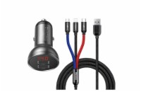 Baseus rychlonabíječka do auta 2xUSB 4,8A 24W s displejem + 3v1 kabel černá