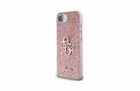 Guess PU Fixed Glitter 4G Metal Logo Zadní Kryt pro iPhone 16e Růžová Luxusní růžový zadní kryt s třpytivými detaily a metalickým logem 4G, určený pro iPhone 16e