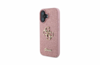 Guess PU Fixed Glitter 4G Metal Logo Zadní Kryt pro iPhone 16 Růžová Luxusní růžový zadní kryt s třpytivými detaily a metalickým logem 4G, určený pro iPhone 16.