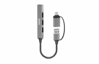 PORT CONNECT USB HUB, 1x USB 3.0 + 3x USB 2.0, USB-A/USB-C vstup, stříbrná
