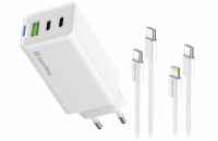 COLORWAY 2x USB-C, 1x USB-A/ síťová nabíječka/ GaN/ PD/ PPS/ 65W/ Včetně 2x kabelů, USB-C-USB-C, USB-C-Lightning/ Bílá