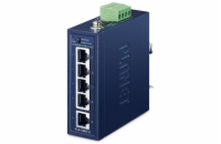 Planet IGS-500T-E, 5x 1000Base-T, DIN, IP40, rozšířený teplotní rozsah -40~75°C, ESD+EFT do 6kV, triple 12~55VDC, 250m
