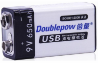 Baterie nabíjecí Li-Ion 9V 650mAh 6F22, Doublepow, napájení USB