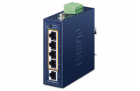 Planet ISW-504PT-E průmyslový kompaktní switch, 1x10/100TX, 4x10/100TX PoE+ 802.3at 120W, -40~75°C, 48-55VDC , IP40