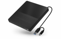 Externí DVD mechanika/hub/čtečka karet Connect IT 3v1 SlimDrive USB-C/A Externí DVD vypalovačka se čtečkou SD/MicroSD karet a USB hubem, s připojením přes USB-C i USB-A. Kompaktní tělo, napájení z US
