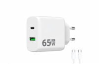 WG - Síťová nabíječka GaN 2x USB 65W, 1x USB-C PD 65W + 1x USB-A QC 3.0 18W, kabel Type-C na Type-C, bílá