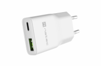 Univerzální USB nabíječka Natec RIBERA GaN SLIM, 20 W, 1X USB-A + 1X USB-C, Bílá