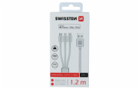 Swissten kabel Textile 3in1 mFi 1,2 m, stříbrná Swissten Datový kabel 3in1 MFi, 1,2 m, textilní, (micro USB, USB-C, Lightnings) stříbrný