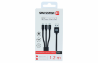 Swissten Datový kabel 3in1 MFi, 1,2 m, textilní, (micro USB, USB-C, Lightning) černý